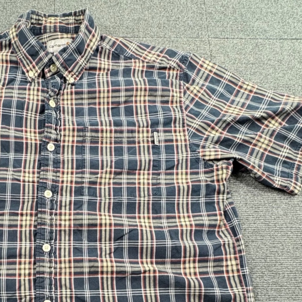 Carhartt Mens Large Tall Plaid Short Sleeve Button Down Shirt Navy Blue